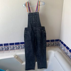 Forever21 Lazer Kitten acid wash rainbow strap overalls